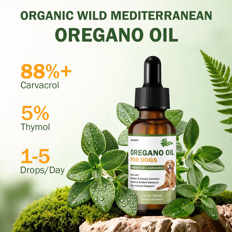Wild Mediterranean Oregano Oil for Dogs, Promotes Bladder & Urinary Function, Gut Balance & Diarrhea Relief, Supports Immunity and Overall Health, Over 88% Carvacrol Organic Oregano Oil