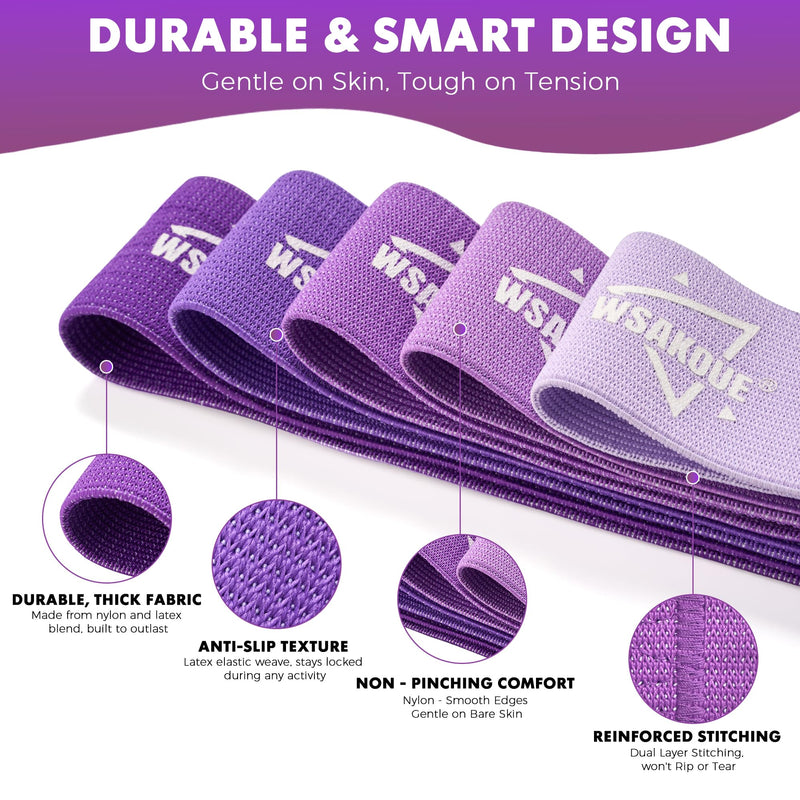 WSAKOUE Fabric Resistance Bands for Working Out – 5 Booty Bands for Women & Men, Exercise Workout Bands for Legs, HIPS & Glutes – Ideal for Home Fitness, Yoga, Pilates & Rehab Purple