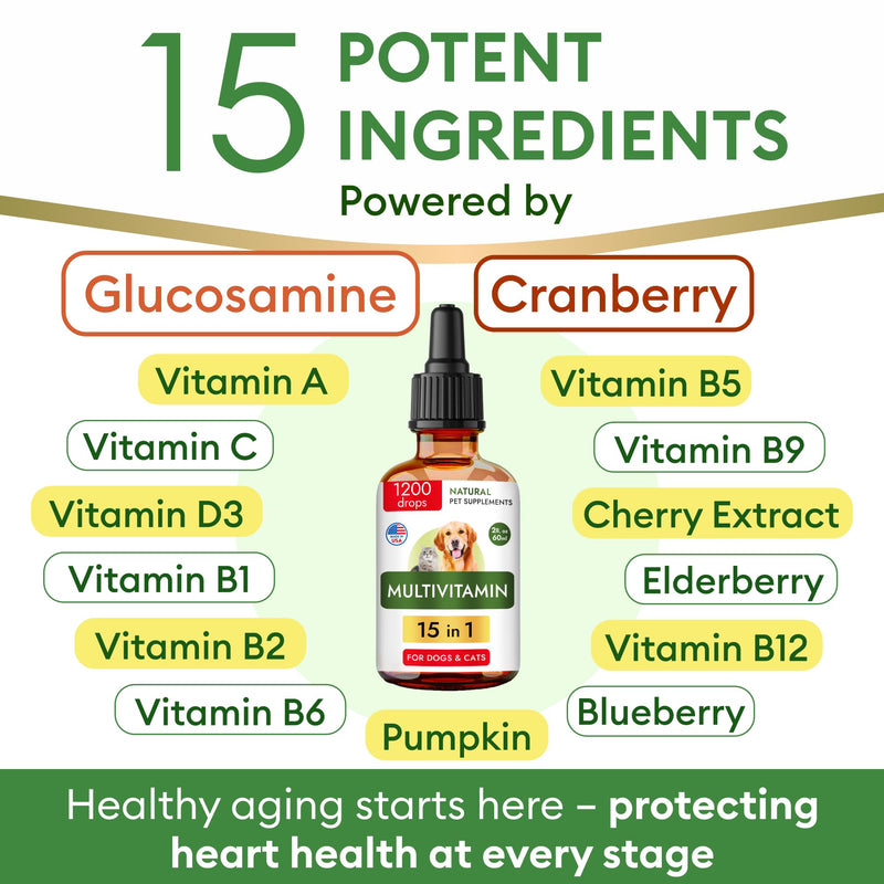 15-in-1 Liquid Multivitamin for Dogs & Cats - Glucosamine for Dogs, Cranberry, Vitamin B Complex - Balanced Ingredients for Joint, Digestive, Immune, Skin & Coat and UTI Support - US Made - 2.0Fl Oz 6.0 fl oz