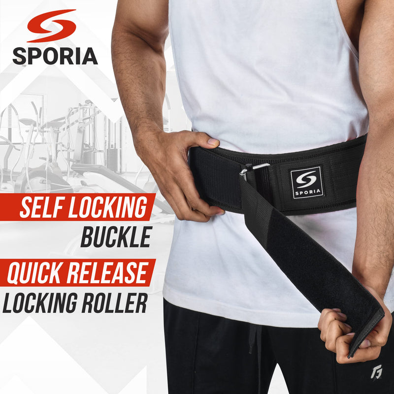SPORIA Self-Locking Weight Lifting Belt | 4 inch Back Support | Includes Lifting Straps Medium Black - BeesActive Australia