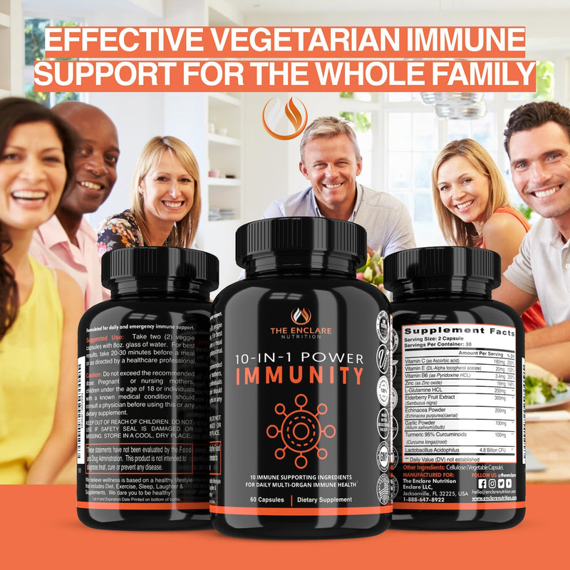 THE ENCLARE NUTRITION 10 in 1 Immune Support Booster Supplement with Echinacea, Vitamin C and Zinc, Turmeric, Ginger, B6, Elderberry for Adults Immunity Defense Vitamins, Made in USA Veg Cap 60 Ct (1)