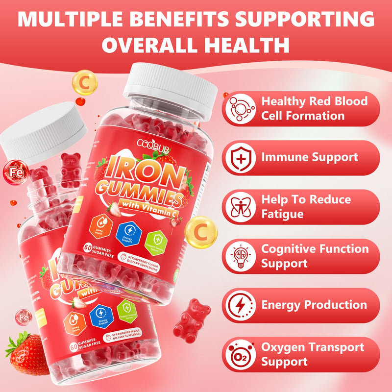 Iron Gummies with Vitamin C, Iron Supplement for Women & Men, 120 Count | Immune Support, Blood Builder & Energy Support for Iron Deficiency, Sugar Free, Vegan, Strawberry Flavor