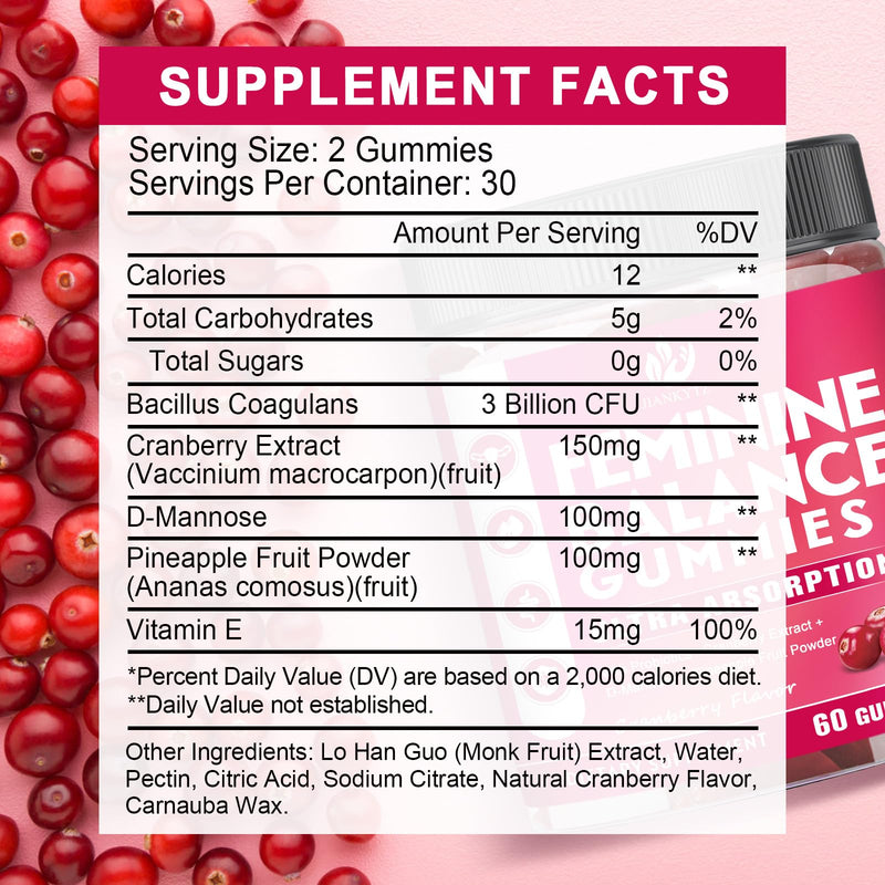 Feminine Balance Gummies for Women Sugar Free - Vaginal Health, Antioxidant, Digestive Health, PH Balance Support, Vaginal Probiotics for Women Gummies - Max Absorption, 60 Gummies (1 Pack) 60 Count (Pack of 1)