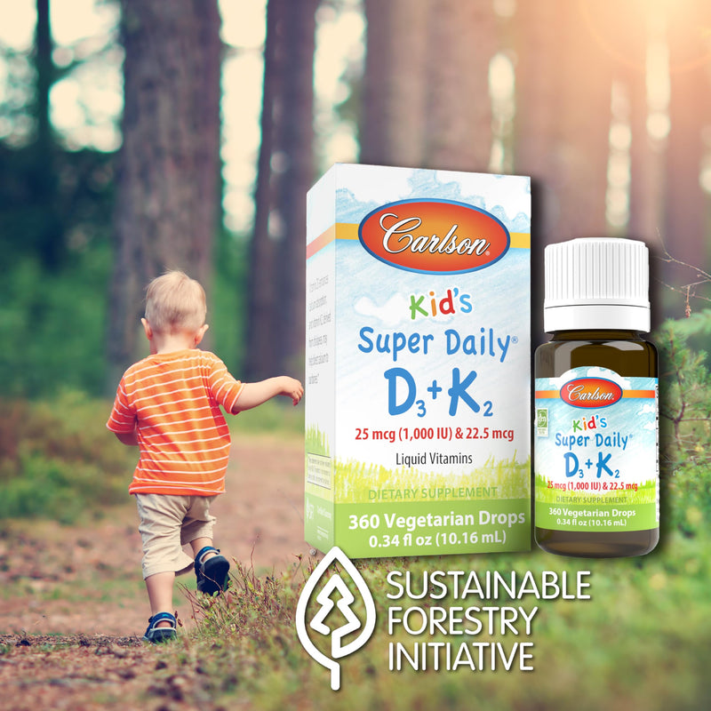Carlson Kid's Super Daily D3 + K2, 25 mcg (1000 IU), 360 Drops (10.16 mL) | Vitamin D; 22.5 mcg Vitamin K2; Liquid Vitamins D and K; Bone Support