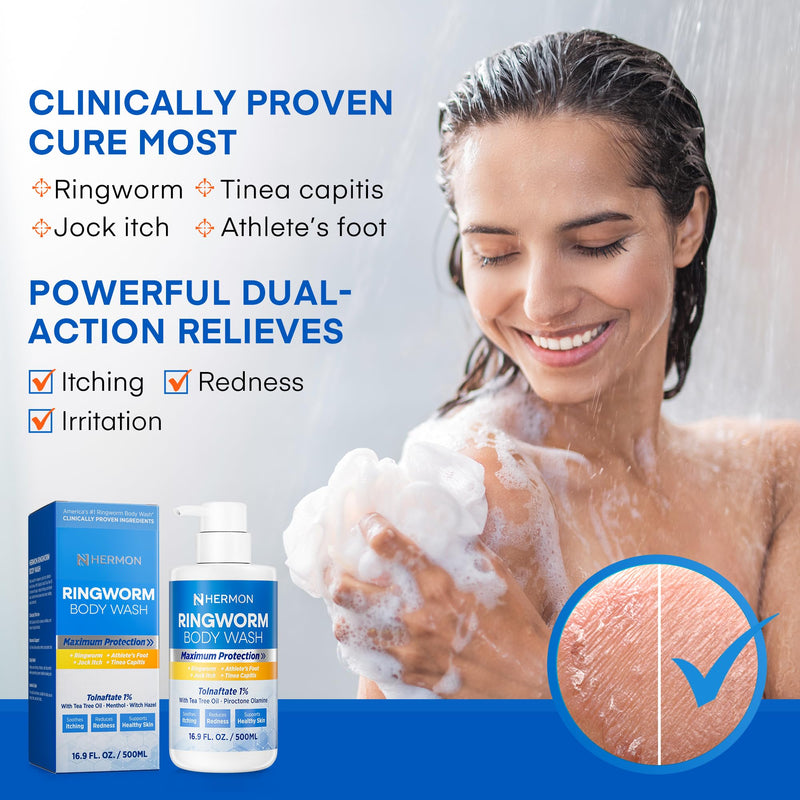 Antifungal Ringworm Treatment Body Wash - Antibacterial Wash with 1% Tolnaftate & Tea Tree Oil for Ringworm, Jock Itch, Tinea, Back Acne & Foot Odor on back, chest, groin, feet for Men and Women 500ml