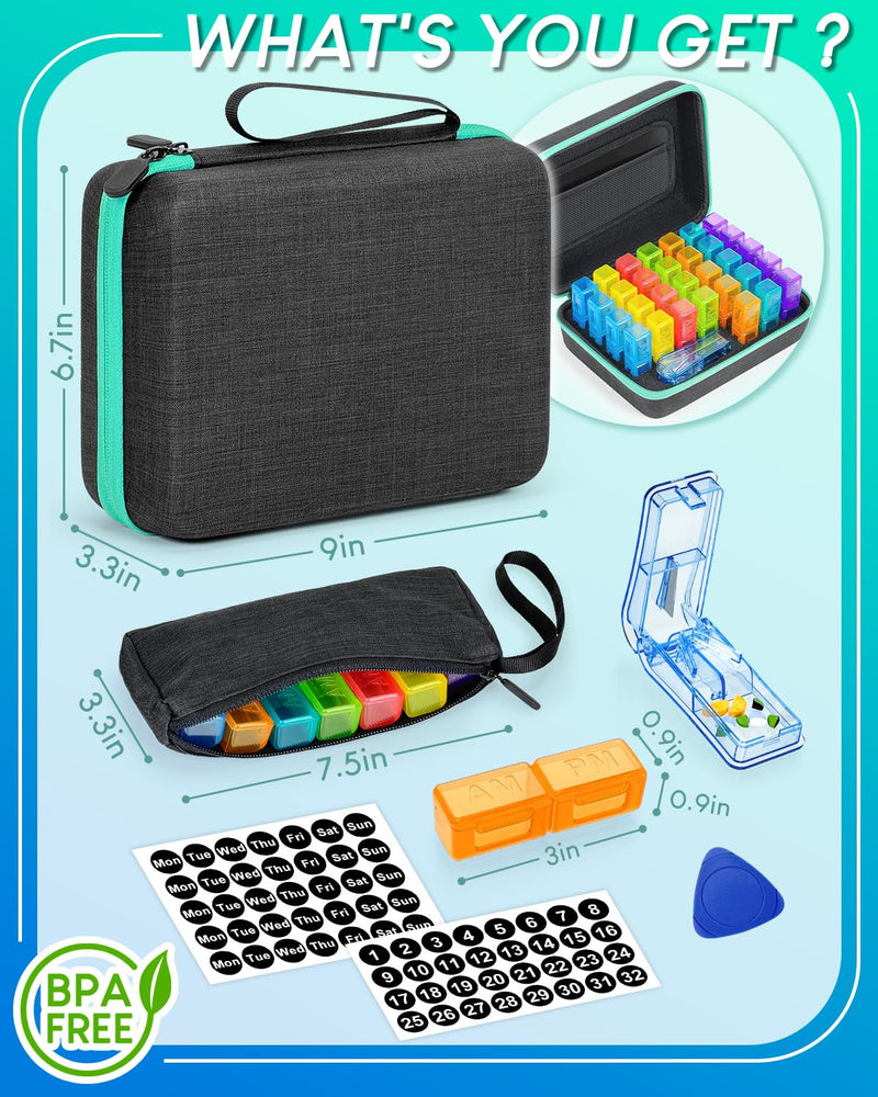 Monthly Pill Organizer 2 Times a Day, with Weekly Pill Bag, Portable Hard Shell, Pill Cutter, Plastic Opening Pick, Monthly & Weekly Stickers, Convenient Medication Management and Tracking - BeesActive Australia