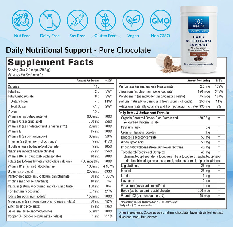 Equilife Daily Nutritional Support, All-in-One Multivitamin Meal Replacement, Pure Chocolate Flavor, 15G Plant Protein, Supports Overall Wellness Including Energy, Digestion, & Skin, 14 Servings Tub Pure Chocolate - Bottle 14.7 Ounce (Pack of 1)