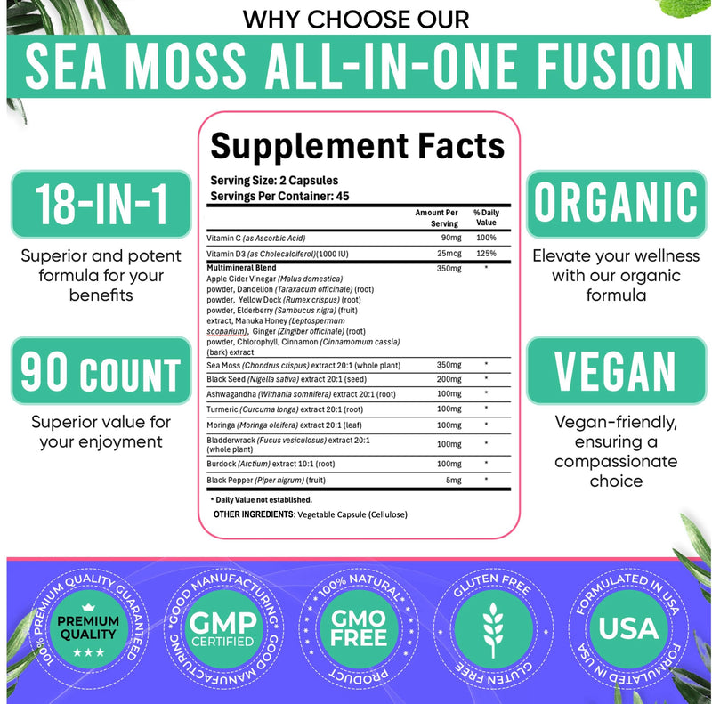 Adndale Sea Moss Capsules - Sea Moss Blend with Ashwagandha, Turmeric & Black Seed Oil - 90 Count 90 Count (Pack of 1)