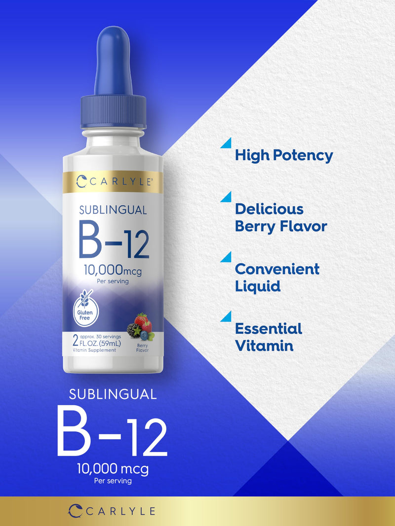 Carlyle Vitamin B12 Sublingual Liquid Drops | 10,000 mcg | 2 fl oz | As Cyanocobalamin and Methylcobalamin | Vegetarian, Non-GMO and Gluten Free 2 Fl Oz (Pack of 1)