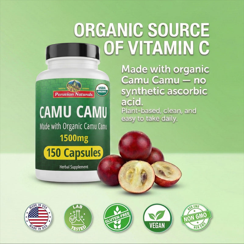 Peruvian Naturals Organic Vitamin C from Camu Camu Capsules 1,500mg - 150 Vegan Pills, Natural Vitamin C from Whole Food Camu Berry Organic, Non-GMO | Natural Vitamin C Supplement, Vegan, Antioxidant Support, Immune & Skin Health, Non-GMO
