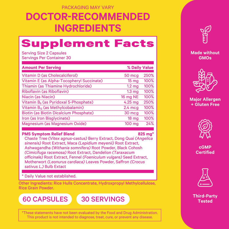 Pink Stork PMS Supplement for Women, Hormone Balance Support, 60 Count | Vitex, Ashwagandha, Maca Root, 10 Vitamins & Minerals, Support PMS Comfort, Mood, Bloating, Period Regularity