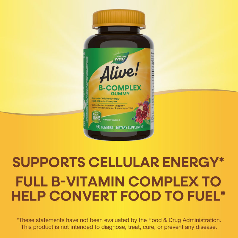 Nature's Way Alive! B-Complex Gummies, Cellular Energy Support*, 60 ct | Vitamin B12, B6, and Folate for Cellular Energy Support*, in Vegetarian, Gluten-Free Gummies with Plant-Based Pectin 60 Count (Pack of 1)