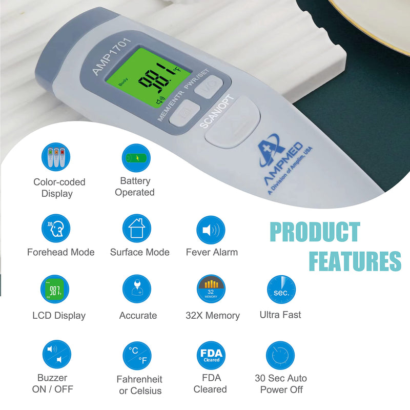 Amplim Medical Grade Forehead Thermometer for Adults, Kids, Baby, Non-Contact Digital Infrared Thermometer, Instant Read, Accurate & Fast Fever Detection, for Home, Clinic, Office Use Serenity