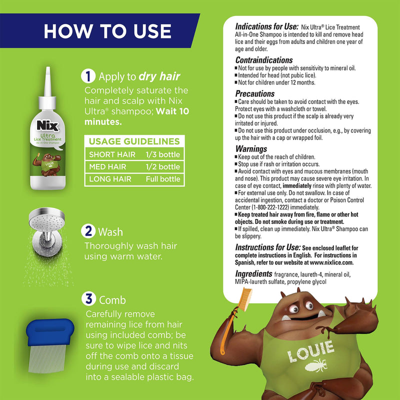 Nix Ultra Superlice Treatment, All-in-One Shampoo, 4 Fl Oz & Lice Removal Comb 4oz Shampoo