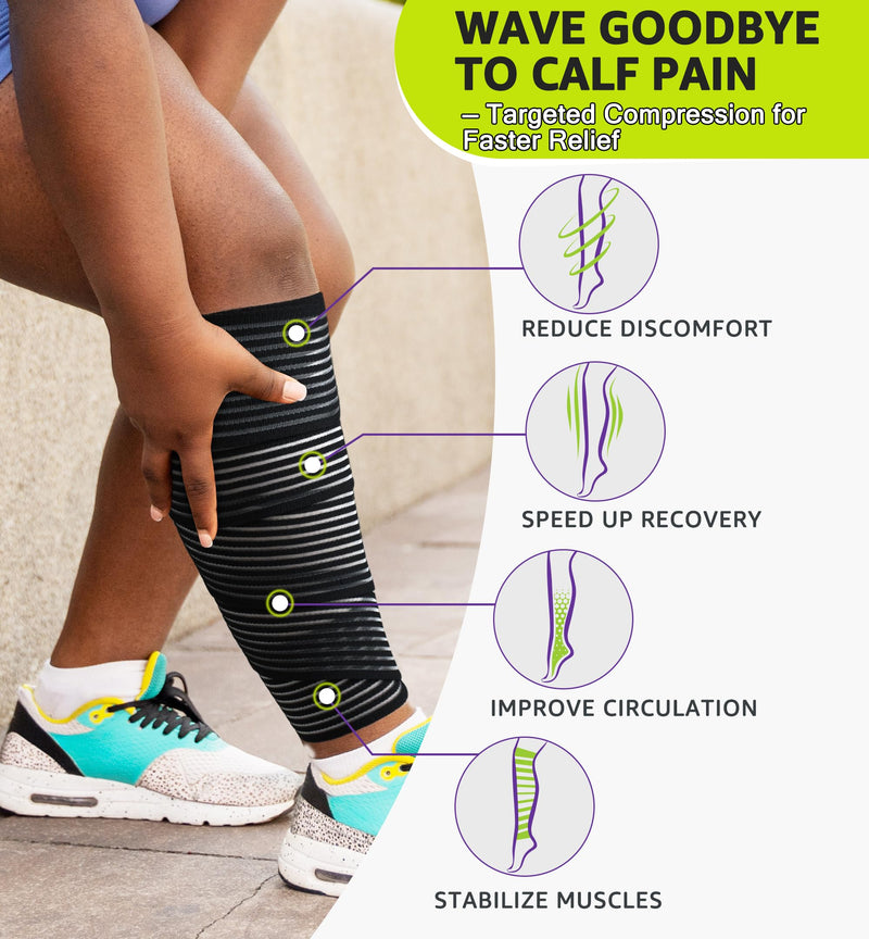HiRui Calf Compression Wraps, 71" Adjustable Elastic Bandage Sleeves, Lower Leg Calf Support for Men & Women, Shin Splints Relief, Varicose Veins, Fitness, Running, Basketball, Soccer (2, Black) 2 - BeesActive Australia
