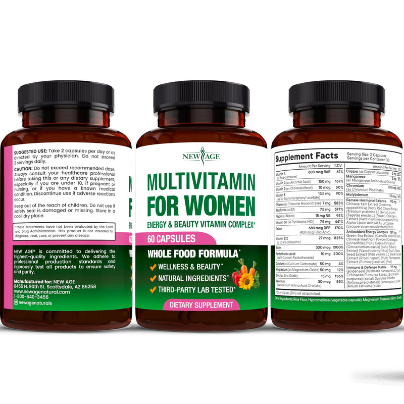NEW AGE Multivitamin for Women - B-Complex, Whole Foods, Hair Support, Iron - All in1 Womens Multivitamin - Bioavailable & Gentle on Stomach - Made in USA - 60 Count 60 Count (Pack of 1)