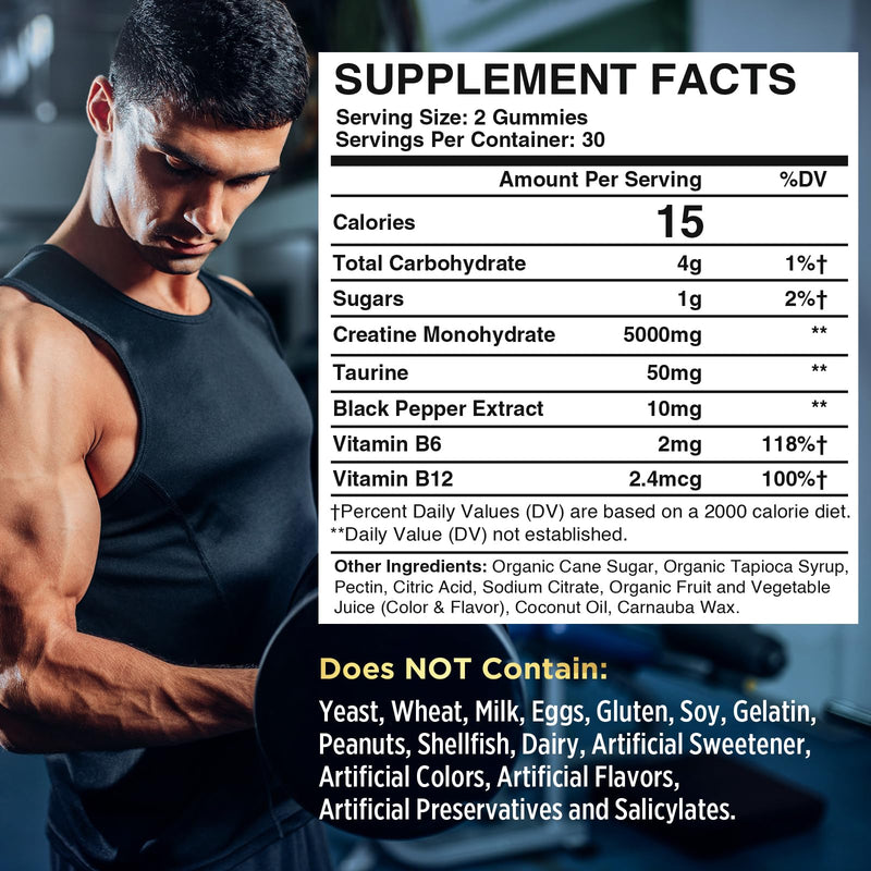 Creatine Monohydrate Gummies, Creatine for Women & Men, Pre Workout Creatine Monohydrate Gummies with Taurine, Vitamin B6 & B12 for Muscle, Strength, Energy, Endurance, Vegan, Organic, 60 Count 60 Count (Pack of 1)