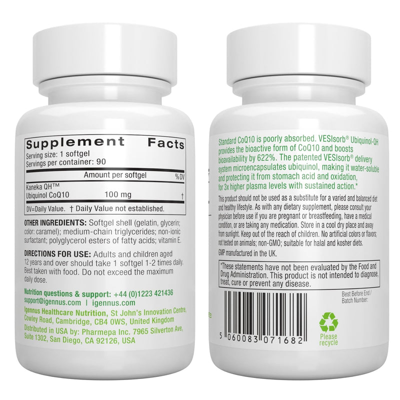 Igennus Advanced VESIsorb Ubiquinol 100mg, High Absorption, 90 Softgels | Lipid-based delivery with 600% bioavailability; active reduced-form CoQ10 for Energy & Heart 90 Count (Pack of 1)