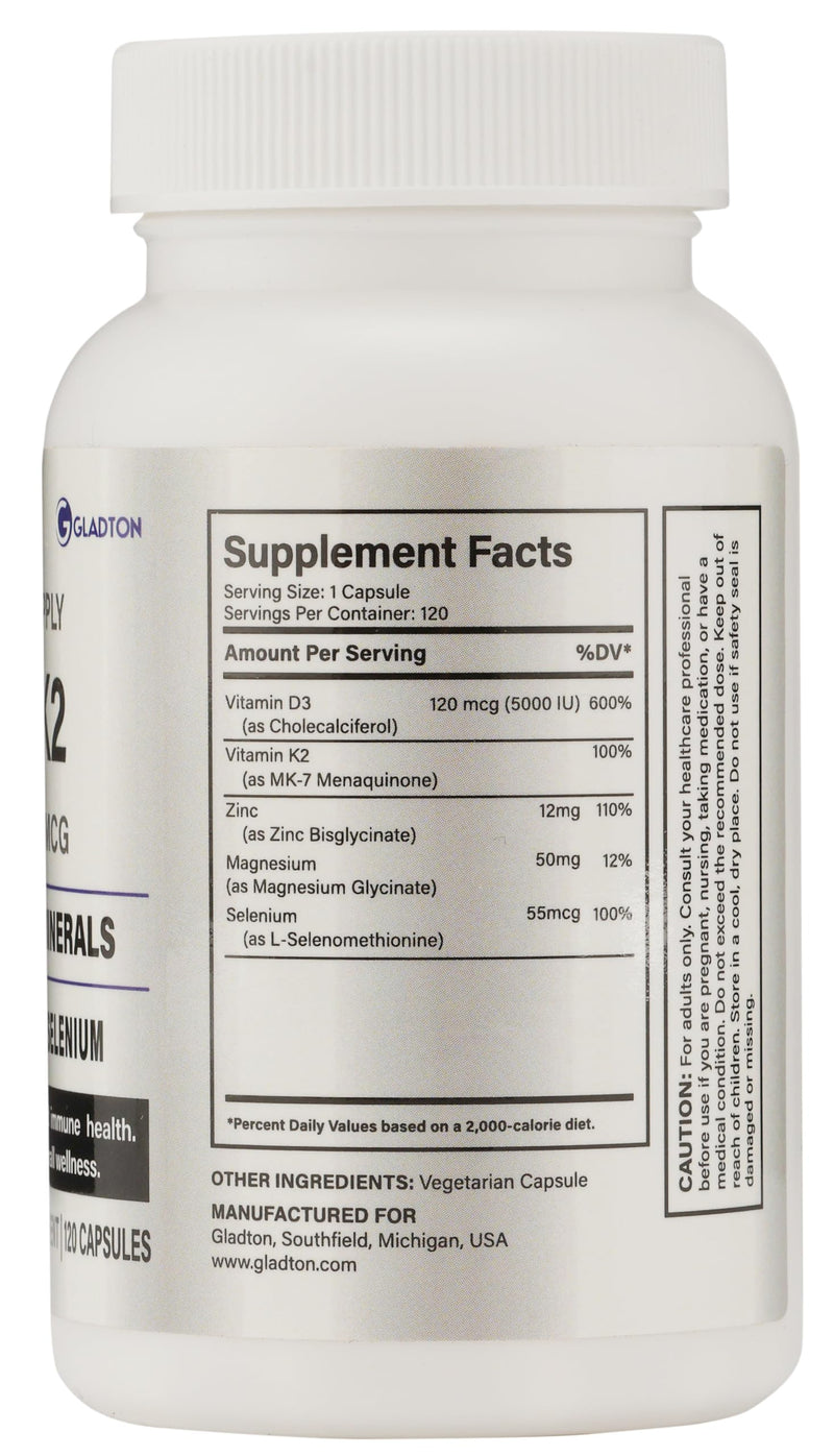 Vitamin D3 + K2 Complex with Zinc, Magnesium & Selenium | Immune, Heart, Bone, Energy & Stress Support | Relaxation & Sleep Aid | 5000 IU D3 + MK-7