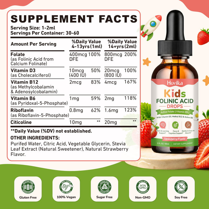 Kids Folinic Acid Drops with Active Folate, Folic Acid Alternative for Kids, Citicoline, Dual Active B12, Vitamin D3, P5P B6 & R5P B2, Brain, Learning, Focus & Mood Support, Strawberry, 2 Fl Oz