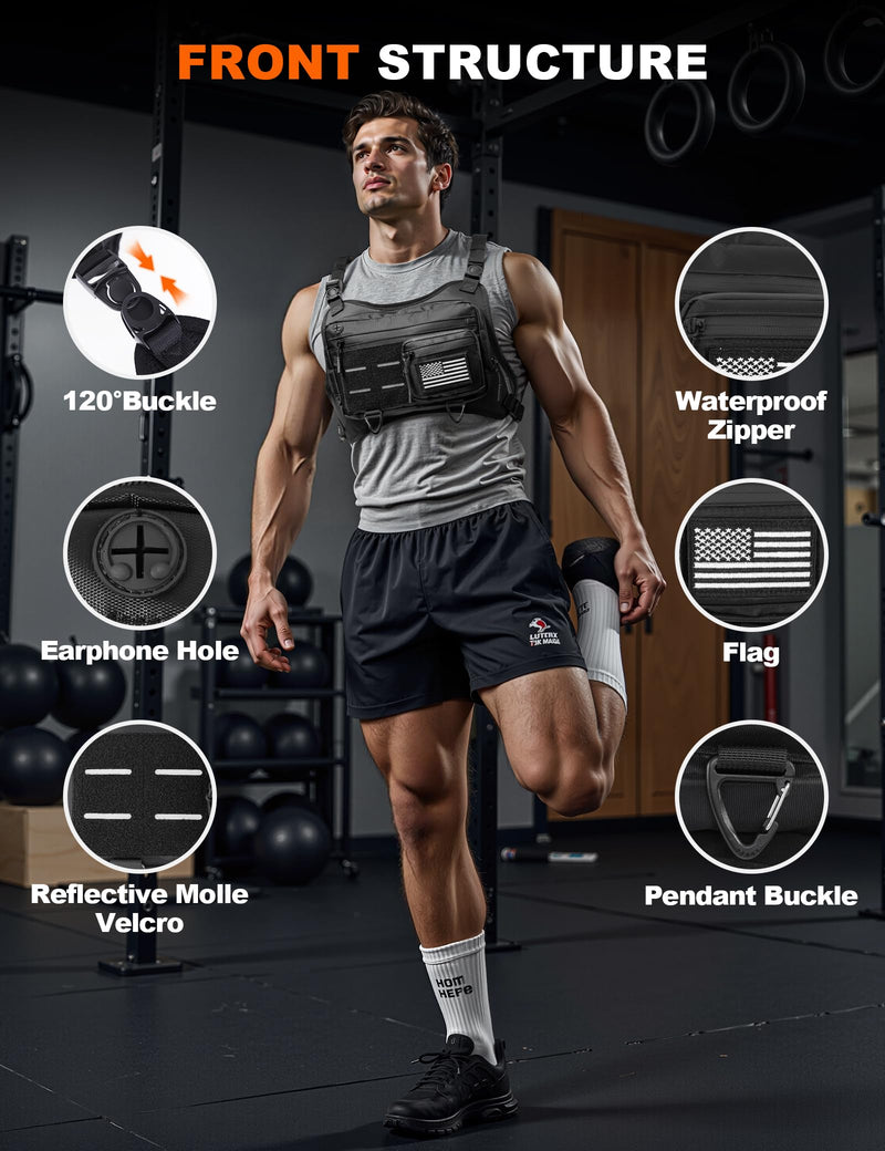 Chest Bag for Men with Expandable Accordion Structure, Running Vest for Outdoors, Chest Pack for Cycling, Hiking Black A