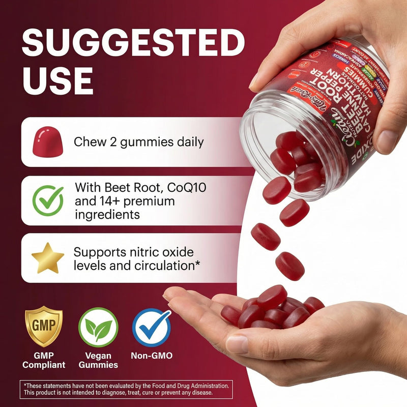 Nitro Rush Nitric Oxide Gummies Beet Root Cayenne Pepper Pomegranate Vitamin C Hawthorn Nattokinase Blueberry Hibiscus Coenzyme Q10 Algae Ashwagandha Root Grape Olive Garlic 60 Count by Clean Nutra