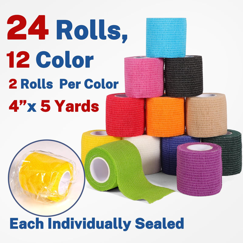 24 Pack Self Adhesive Bandage Wrap 2 Inch, Cohesive Medical Tape for Sports, Elastic Vet Wrap for Athletic, Ankle, Wrist Sprains, Pet First Aid Multi-color - BeesActive Australia