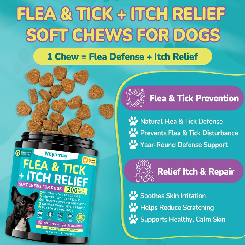 Woyamay Dog Flea Care Bundle – Flea Prevention Soft Chews + Flea & Itch Relief Chews, Skin, Coat & Immune Support, Anti-Itch, Daily Oral Flea Treatment for Dogs