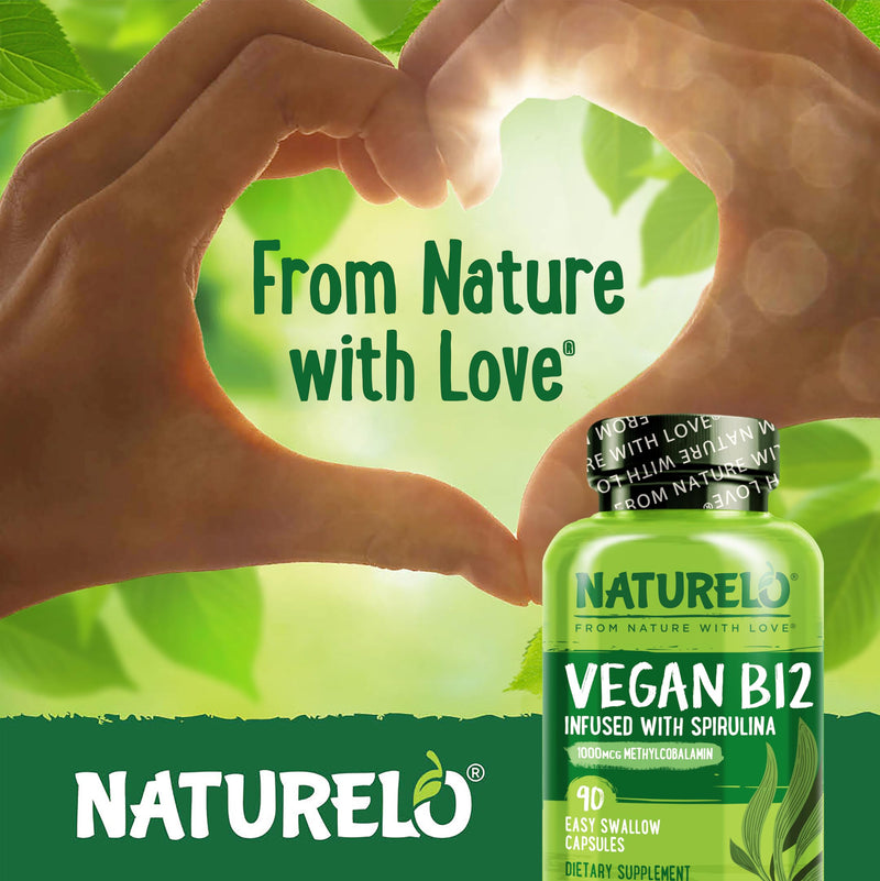 NATURELO Vegan B12 - Methylcobalamin, 90 Capsules | Organic Spirulina, Methyl B12 1000 mcg, Supports Healthy Mood, Energy, Heart & Eye Health, Vitamin B12 1000 mcg Unflavored 90 Count (Pack of 1)