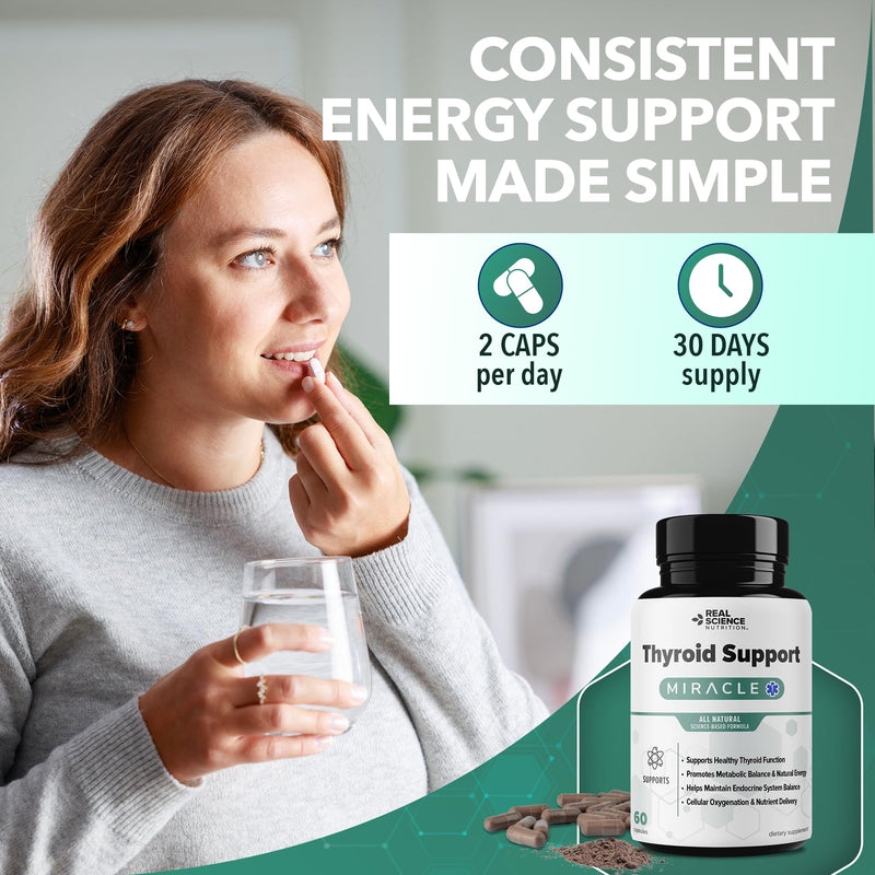 Real Science Thyroid Support Supplement for Women & Men Natural Thyroid Complex for Metabolism & Energy with Vitamins B, C, D, Vinitrox & GABA for Endocrine Support Made in USA, 60 Capsules