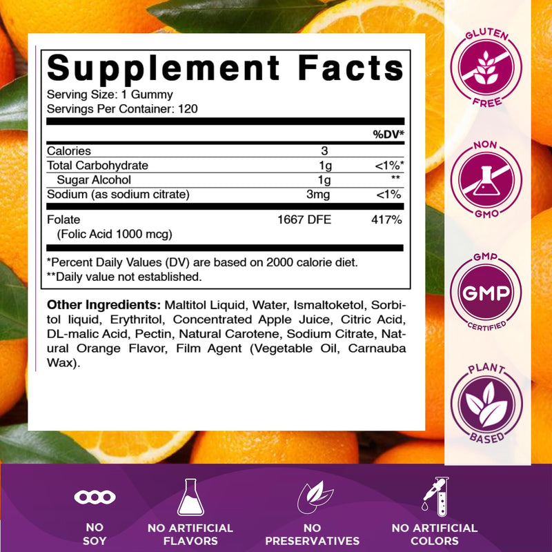 Vitamatic Sugar Free Folic Acid 1 mg Gummies 120 Count Orange Flavor-2 Pack | 1 mg Folic Acid, 1667 mcg DFE per gummy, Healthy cell growth, red blood cell formation, Gluten Free, Non GMO 60 Count (Pack of 2)
