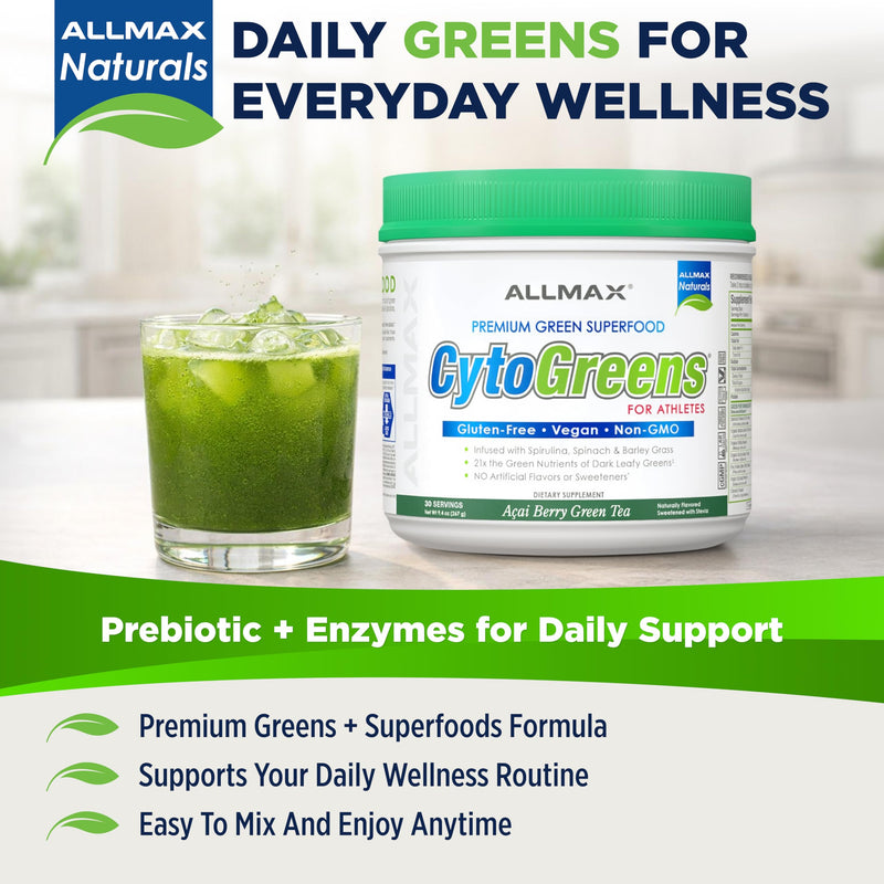 ALLMAX CytoGreens Super Greens Powder, Acai Berry Green Tea, 30 Servings | Supports Daily Wellness, Promotes Digestive Health, Superfood Greens Blend, Digestive Enzymes, Vegan