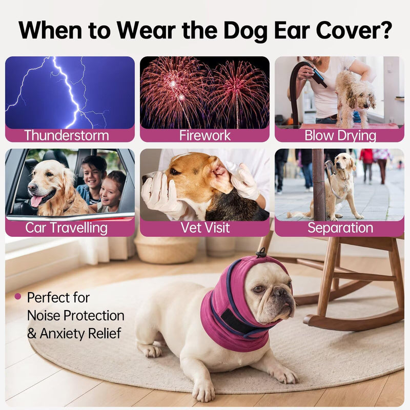 IECOii Dog Calming Hoodie,Anti-Slip Ear Dog Muffs Cover for Noise Anxiety,No Shake Ear Wrap for Dogs Hematoma, Adjustable Dog Headband for Grooming,Fireworks,Thunderstorms,Bath,Force Drying,Purple,L Large（Neck Girth:15.7") Purple