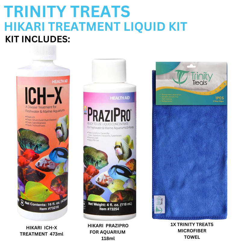 ICH X 16 fl oz, PraziPro 4 fl oz for Freshwater, Including Trinity Treats Microfiber Cleaning Cloth (ICH X for Freshwater Fish, PraziPro for Fish) - BeesActive Australia