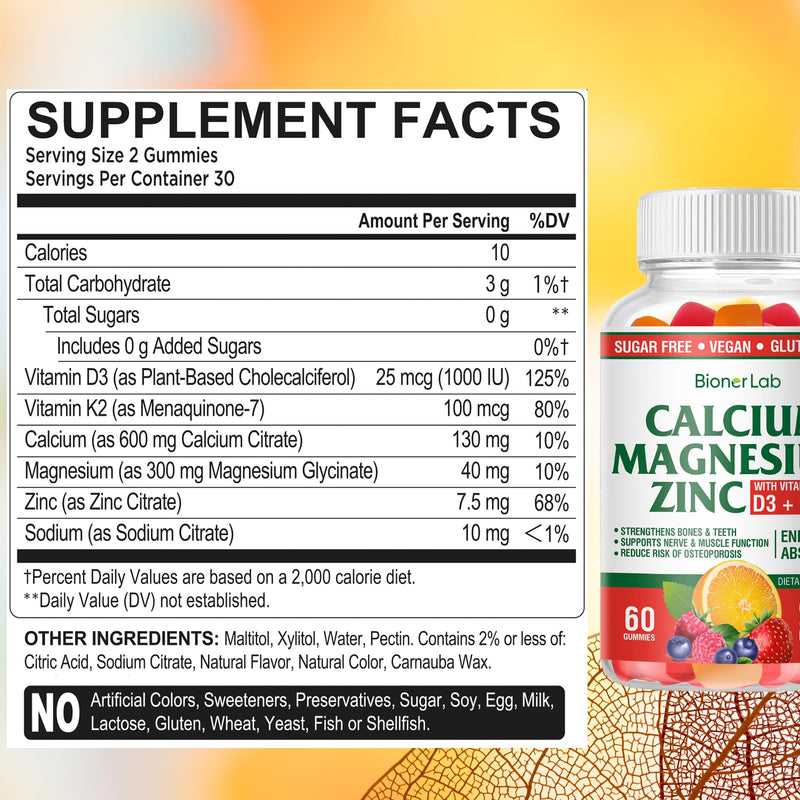BionerLab Calcium Magnesium Zinc Gummies with Vitamin D3 & K2 - High Absorption Complex with Magnesium Glycinate Calcium Zinc Citrate for Bone Muscle & Immune Health - Sugar-Free Orange Berry Flavored 60 Count (Pack of 1)