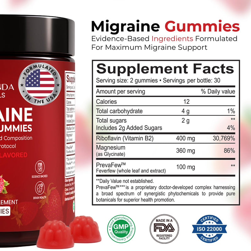 Veralinda Migraine Gummies – Original Triple Protocol Formula, 60 Gummies with Magnesium, Riboflavin B2 & Feverfew – Natural Brain Health Supplement for Migraine Wellness Support for Women & Men