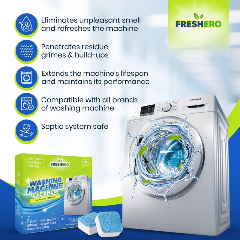Washing Machine Cleaner Tablets 24 Pack Descaler & Deep Cleaning Solution for HE, Top load & Front Loader Washers, Septic Safe, Removes Residue, Build-ups & grimes 1-Year Supply - BeesActive Australia