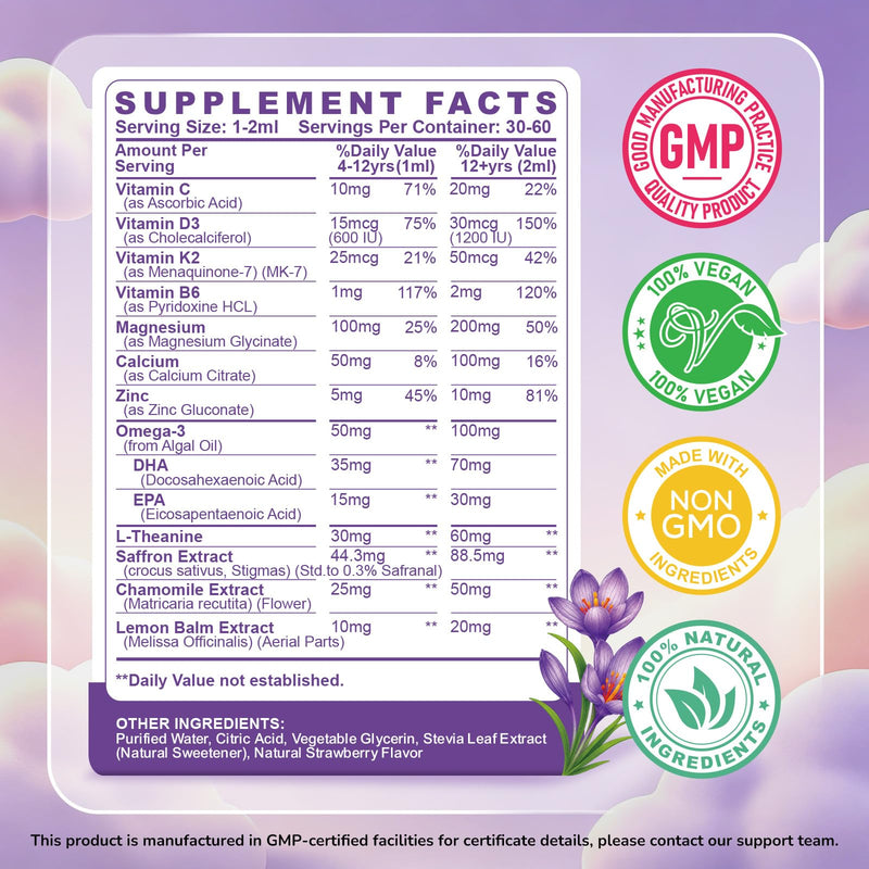 Kids Magnesium + Saffron Liquid Drops - Magnesium Glycinate Saffron for Kids with L-Theanine, Omega-3, Vitamin B6, D3, K2, Magnesium Drops for Children Mood, Relax, Sleep, Strawberry Flavor, 4 Fl Oz 2 Fl Oz (Pack of 2)