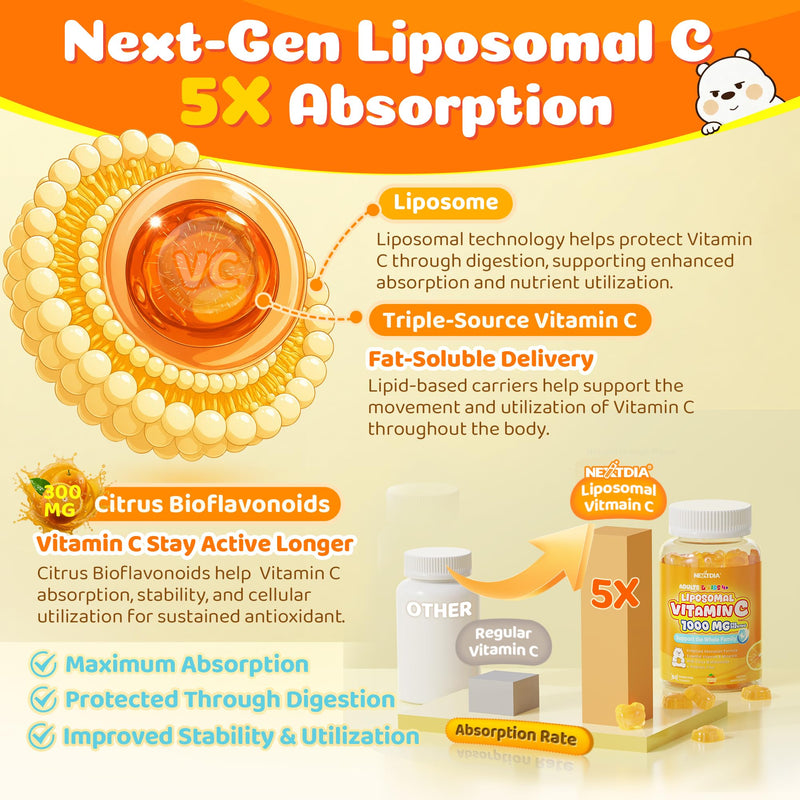 Liposomal Vitamin C Gummies 500mg 1000mg for Kids & Adults, Sugar Free | 3 Forms of Vitamin C + Zinc, D3, Iron, Gentle Buffered Chewable Vit C Supplement, Immune Support, High Absorption, 120 Count 60 Count (Pack of 2)