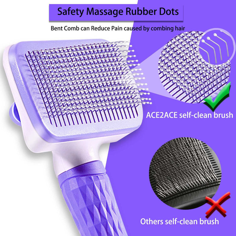 ACE2ACE Self-Cleaning Slicker Brush for Long and Short Pet Fur - Removes Hair With One Button Purple - BeesActive Australia