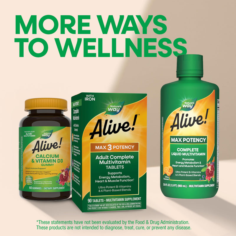 Nature's Way Alive! Max3 Potency Adult Daily Multivitamin with Iron, 180 ct | High Potency Adult Multivitamins to Support Cellular Energy Metabolism, Heart, and Muscle Function*, Tablets for Women & Men 180 Count (Pack of 1)