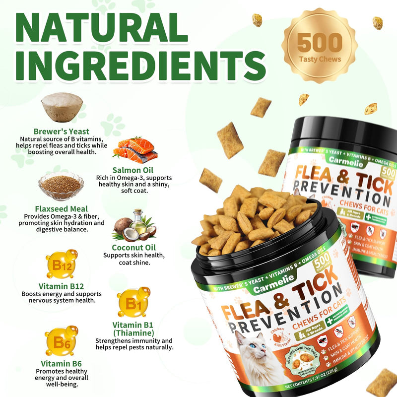 Cat Vitamins & Flea Prevention, Cat Multivitamin & Flea and Tick Support Treats with Taurine, Brewer’s Yeast & Omega-3 for Skin, Coat, Immunity & Daily Wellness, Chicken & Krill Flavor