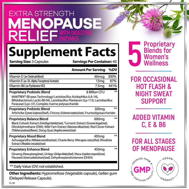 Menopause Supplements for Women - Hot Flash Night Sweats & Menopause Relief Pills - Probiotic Blend 8 Billion CFU Per Serving with Dong Quai & Black Cohosh - Vaginal, Digestive Support - 120 Capsules 120 Count (Pack of 1)