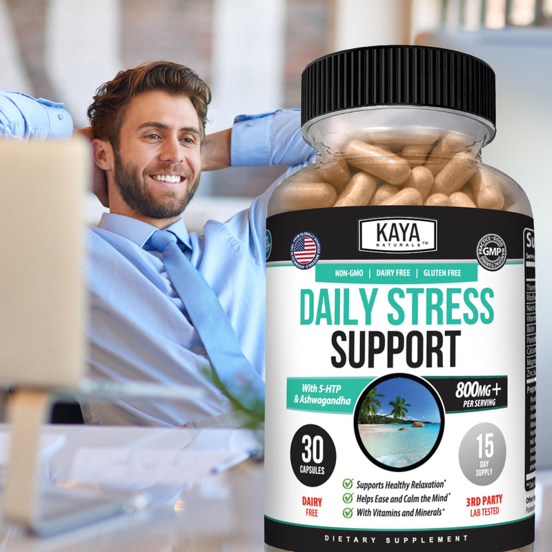 Kaya Naturals - Natural Herbal Stress Relief Support Vitamin Supplement to Relax and Calm the Mind - Boost Mood - Happy Pills - Anxiousness Support - 30 Capsules 30 Count (Pack of 1)