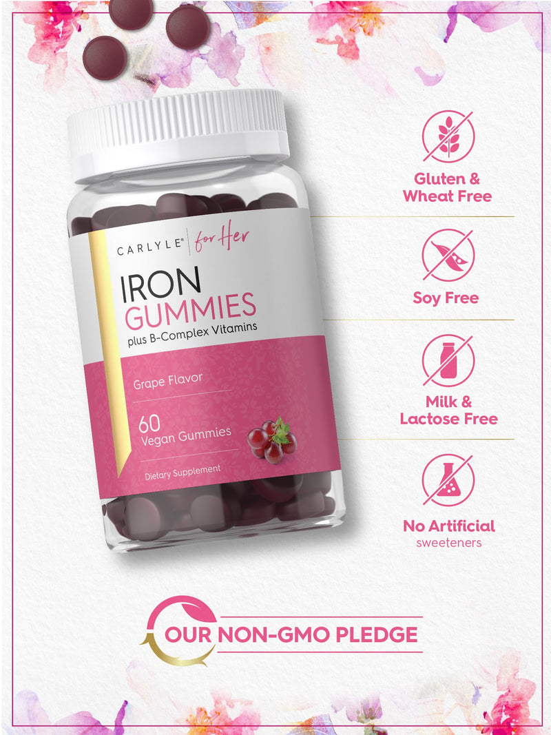 Carlyle Iron Gummies for Women with B-Complex Vitamins | 60 Count | Grape Flavor | Vegan, Non-GMO & Gluten Free Dietary Supplement