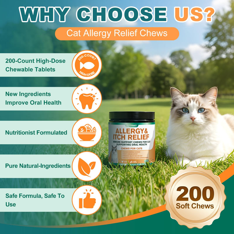 Cat Allergy Relief Chews,Itchy Skin,Paw Licking,Seasonal Allergies Relief, with Omega 3,Probiotics,Green Tea Extract,Boost Immunity,Skin Coat Health,Maintain Oral Health, Allergy Relief for Cat 200 pcs