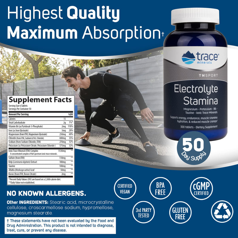 Trace Minerals | Electrolyte Stamina Tablets | Magnesium & Potassium to Promote Energy, Hydration & Muscle Endurance | Vegan, Gluten Free, Sugar Free | 300 count (50-Day supply) 300 Count (Pack of 1) - BeesActive Australia