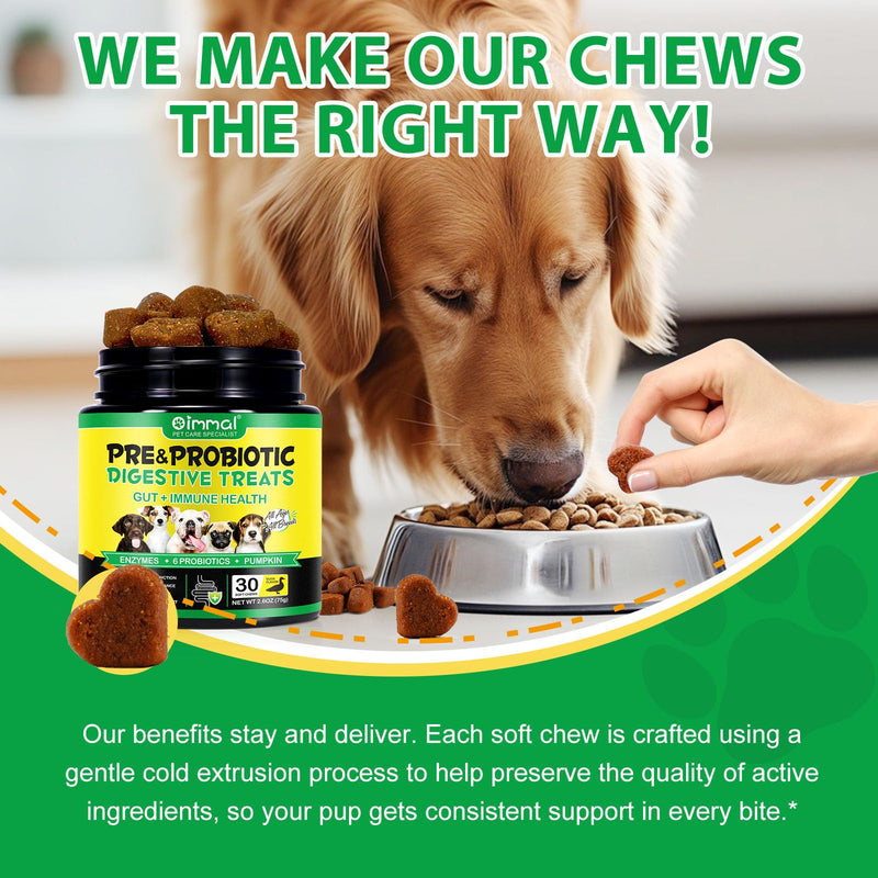 Probiotics for Dogs, 30 Soft Chews with Prebiotics, Pumpkin & Flaxseed | Supports Normal Gut Flora, Digestive Function, Skin & Coat Condition, and Everyday Wellbeing | Duck Flavour