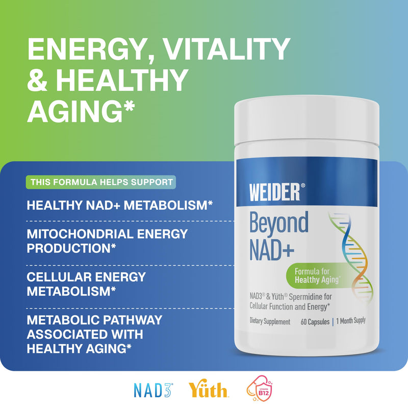 Weider NAD+ Boost, Cellular Energy and Mitochondrial Support, 60 Capsules | Longevity and Wellness Support Formula, with NAD3, Vitamin B3 and B12, Daily Cellular Energy and Mitochondrial Supplement