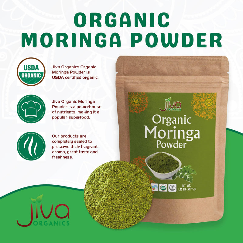 Jiva Organics Moringa Powder 1.25LB Bulk Bag - Moringa Oleifera Leaf Powder - Great for Hair, Rich in Immune Vitamin, Great Superfoods for Moringa Tea, Moringa Drink, India Grown, Vegan